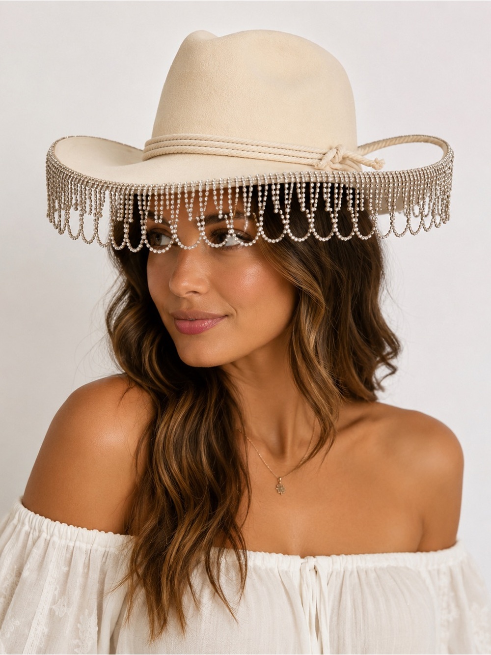 Wyeth Wool Cream Western Cowboy Hat with Silver Fringe-OS